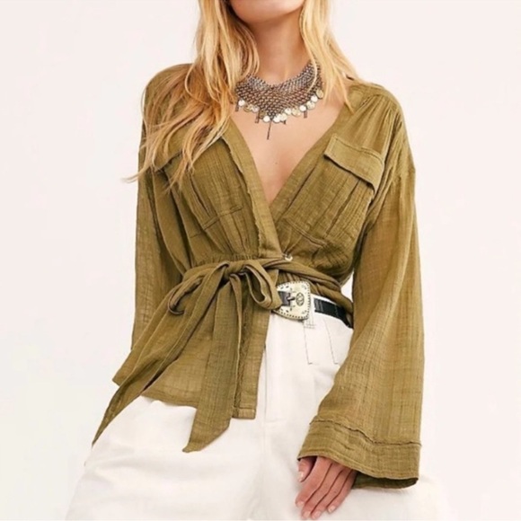 Free People Safari Sheer Wrap Top in Olive XS - Picture 1 of 9